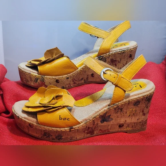 Boc Born 7 Concept Leather Yellow Slingback Floral Cork Wedge Flower Sandal - Picture 9 of 11